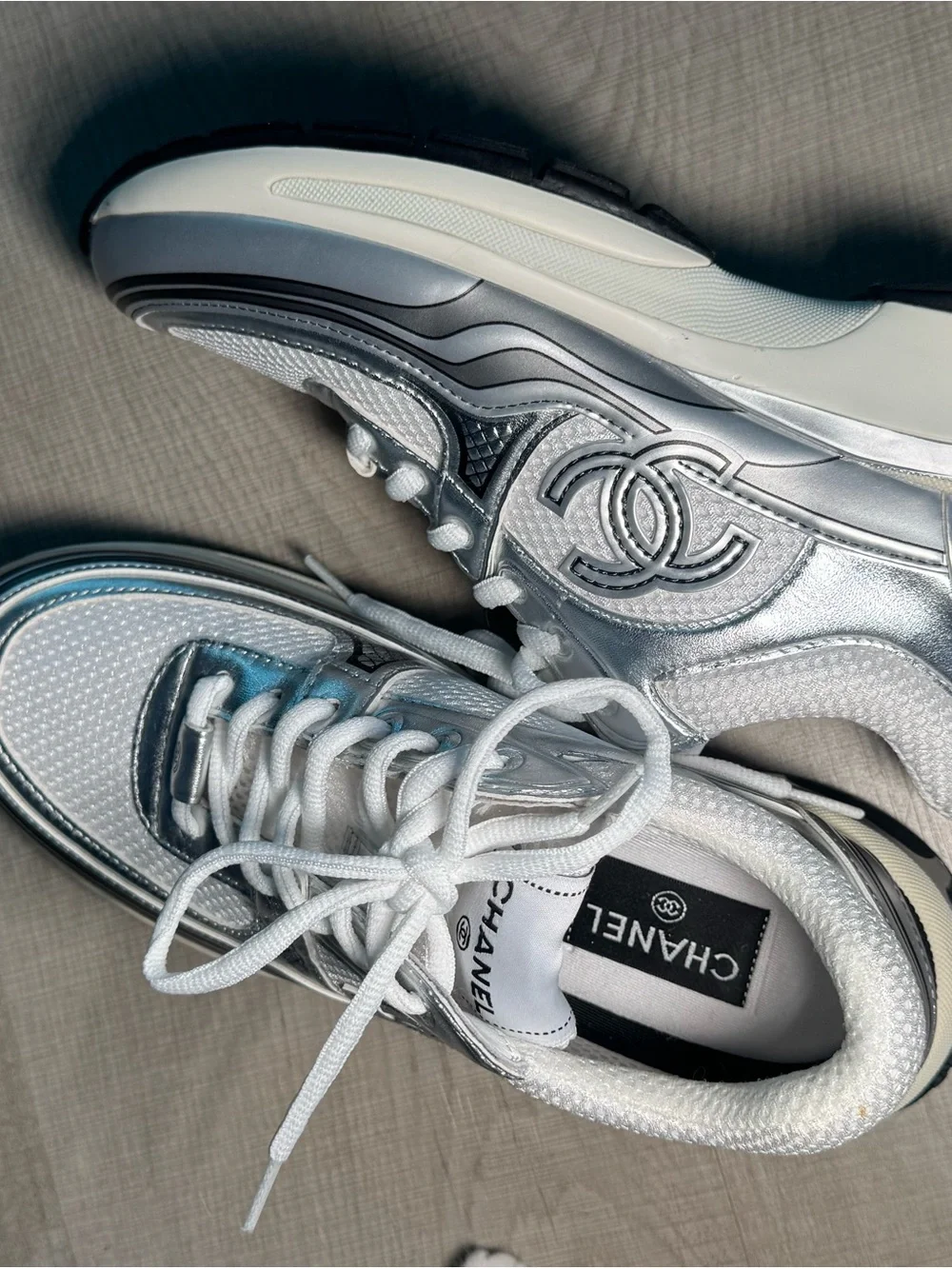 CHANEL Metallic Blue and White CC Logo Racing Sneakers
